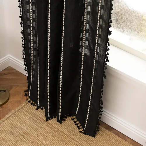 Vista 7 de Sutuo Home - Cortinas bohemias negras de 84 pulgadas de largo para dormitorio y guardería, cortinas de estilo rústico con dobladillo para barra