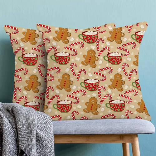 Vista 3 de Juego de 2 fundas de almohada navideñas de 18 x 18 pulgadas, con bastón de caramelo de hombre de jengibre, decoración de invierno, decoración