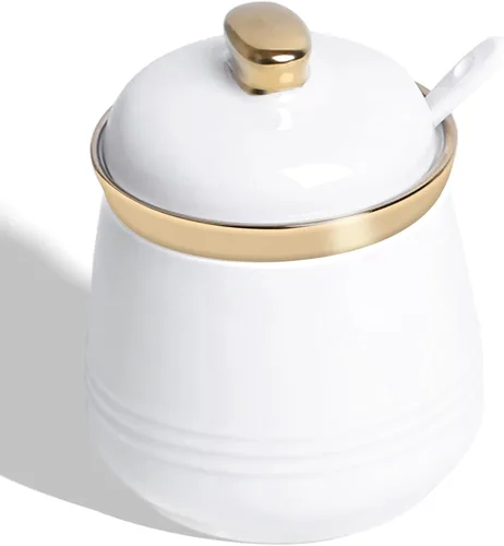 Vista 11 de Azucarero de 12 oz con tapa y cuchara, tarro de azúcar de cerámica simple, contenedor de azúcar, dispensador de azúcar, accesorios de barra de café