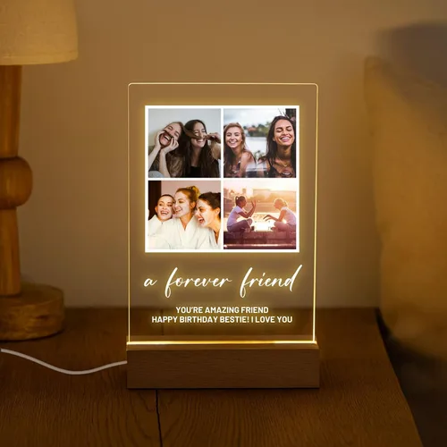 Vista 6 de Placa de fotos personalizada con soporte de luz LED de madera, acrílico, regalo para mejor amiga para ella, regalo para él, collage de fotos