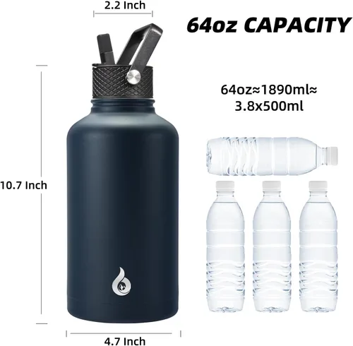 Vista 4 de BJPKPK - Botella de agua aislada de 64 onzas, jarra de agua de medio galón Azul marino