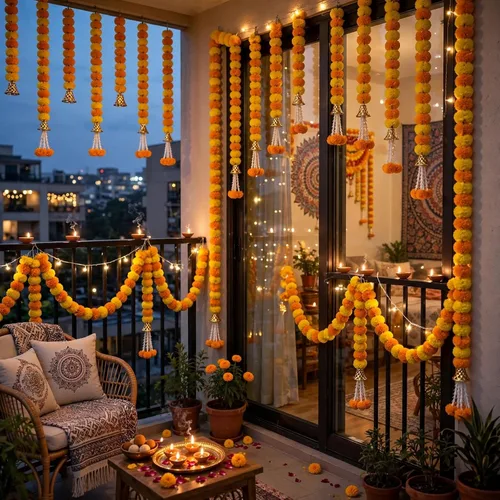 Vista 5 de 5 guirnaldas de caléndula de 5 pies de largo para decoración de hebras largas, flores artificiales de caléndula Decoración india para Pooja Boda