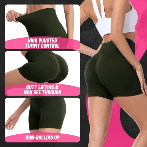 Vista 3 de LAWAKE Pantalones cortos de entrenamiento para mujer, con levantamiento de glúteos, cintura alta, sin costuras, acanalados, para ciclismo, gimnasio