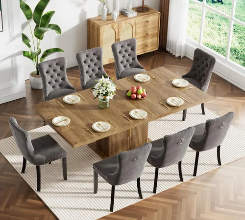 Vista 38 de Juego de mesa de comedor extensible de 5 piezas, juego de mesa de comedor extensible de estilo granja para 4, mesa de cocina expandible de madera
