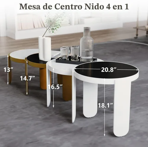 Vista 2 de ACEDÉCOR Mesa auxiliar anidable 4 en 1, moderna mesa central redonda con parte superior de vidrio templado convertible, mesa auxiliar apilable