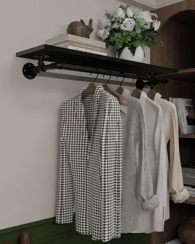 Vista 22 de Perchero negro de 36 pulgadas, perchero montado en la pared con estante de madera real negra, perchero colgante resistente, barra para colgar