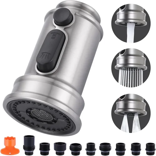 Vista 20 de Cabezal de Repuesto para Rociador de Grifo Extraíble, Cabezal de Rociador Extraíble Negro de 3 Funciones con 9 Adaptadores para Grifo de Fregadero