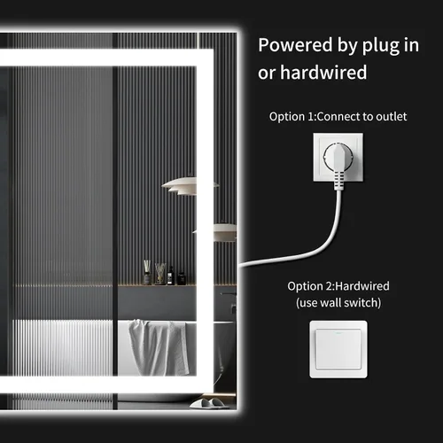 Vista 5 de Espejo de baño LED de 30 x 48 pulgadas con luces, regulable, antivaho, espejo de tocador de baño para pared, retroiluminado + luz frontal, función