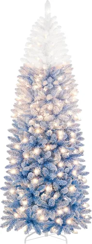 Vista 12 de Yaheetech Árbol de Navidad de Abeto Tipo Lápiz Preiluminado con Nieve Artificial de 6 pies con Bisagras, Árbol de Navidad Delgado para Esquina Negro