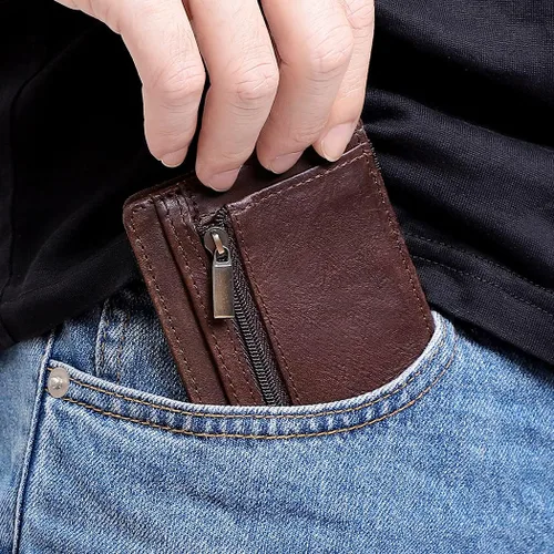Vista 8 de Hombres RFID bloqueo delgado minimalista magia cartera tarjeta caso con bolsillo moneda genuino caballo cuero titular de la tarjeta Café-k104