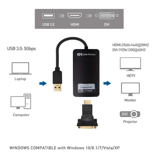 Vista 2 de Cable Matters SuperSpeed, adaptador USB 3.0/2.0 a HDMI/DVI para Windows y Mac., Negro