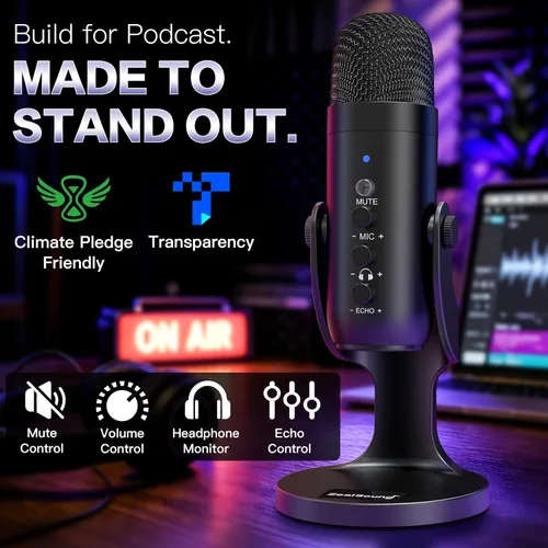 Vista 2 de ZealSound Micrófono de podcast para PC, micrófono USB con cancelación de ruido con ganancia, ajuste de volumen y botón de silencio, monitoreo y eco