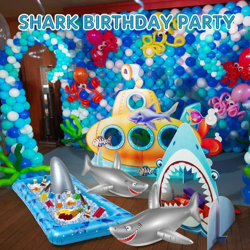 Vista 4 de Deekin 3 decoraciones de fiesta de tiburones incluyen 1 enfriador inflable de fiesta de tiburón, 2 flotadores inflables de juguete para piscina