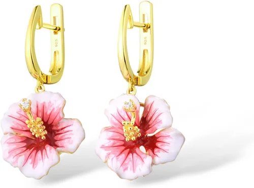 Vista 2 de Santuzza - Pendientes de plata de ley con flores esmaltadas y gemas de plata esterlina