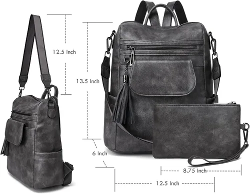 Vista 6 de OPAGE Mochila de cuero para mujer, diseño de moda, bolsos de hombro para mujer, mochila de viaje con pulsera