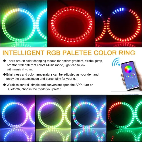 Vista 5 de Qasim 1 par de anillos de halo LED RGB de 80 mm con 30 SMD 3535, ojos de ángel para motocicleta y coche, luz DRL, luz antiniebla, señal de giro