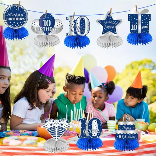 Vista 4 de 8 centros de mesa de panal azul plateado para décimo cumpleaños de niños, suministros de fiesta de cumpleaños para decoración de mesa, decoración