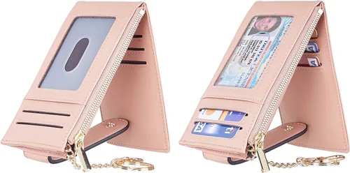 Vista 2 de Chelmon Billetera delgada para mujer, con bloqueo RFID, plegable, con bolsillo con cremallera, Rosa con llavero, Minimalista
