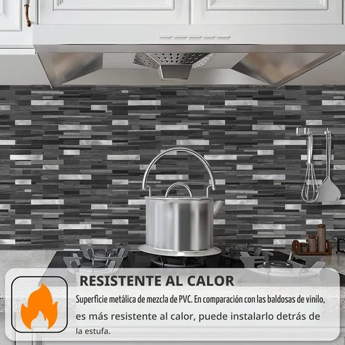 Vista 2 de STICKGOO Azulejo de protección contra salpicaduras para despegar y pegar, para cocina y baño, aspecto de madera negra y gris, PVC, mezcla de metal