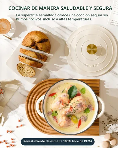 Vista 2 de Horno holandés de hierro fundido esmaltado, olla de 7.5 cuartos de galón con tapa y agarraderas de algodón, utensilios de cocina resistentes