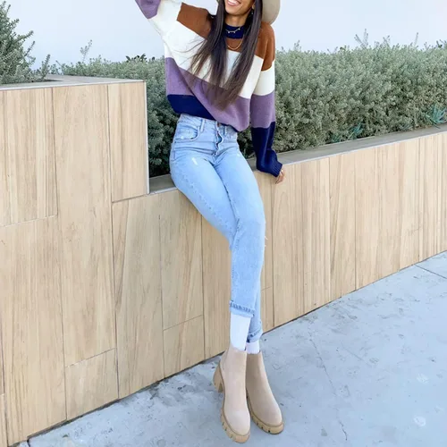 Vista 8 de Fttpdeaus Women's Lug Sole Ankle Boots Casual Chunky Platform Boots Elastic Block Heel Combat Chelsea Booties