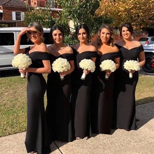Vista 3 de Vestidos de dama de honor de sirena con hombros descubiertos para boda, vestidos de noche formales de satén, vestido de fiesta ajustado con cola