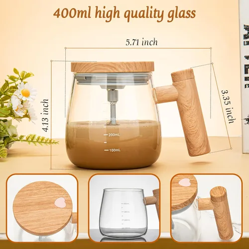 Vista 5 de Taza de café eléctrica autoagitable, taza mezcladora de alta velocidad de 13.5 fl oz con tapa, vidrio de borosilicato alto, oficina en casa