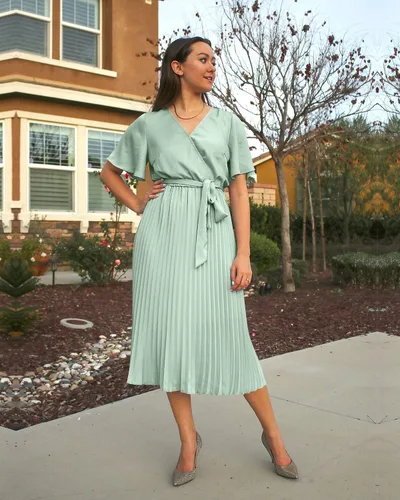 Vista 8 de BTFBM Vestidos de verano casuales con cuello en V para mujer, manga corta, satén, con lazo en la cintura, plisados, fluidos, para invitados de boda