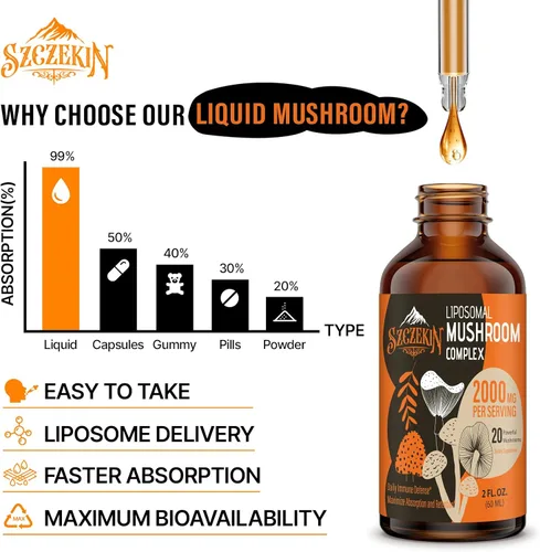 Vista 3 de Gotas de Complejo de Hongos Liposomal 2000 MG - 20 Extractos de Hongos Orgánicos - Fórmula Líquida Avanzada para la Inmunidad, Cognitiva y Memoria