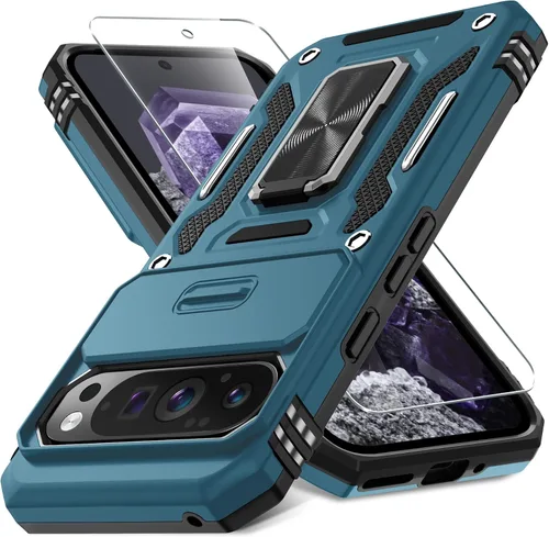 Vista 14 de DEERLAMN Funda para Google Pixel 8 con cubierta deslizante para cámara + protector de pantalla (1 paquete), soporte de anillo giratorio grado