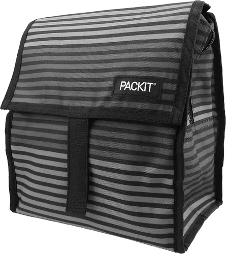 Vista 2 de PackIt Bolsa de almuerzo congelable a rayas grises con cierre de cremallera, 8 pulgadas y caja de aperitivos congelable, color negro