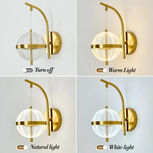Vista 4 de UOFUS Aplique de pared dorado con pantalla acrílica de globo de mediados de siglo, moderna lámpara de pared LED de 12 W, 3000 K/4000 K/6000 K