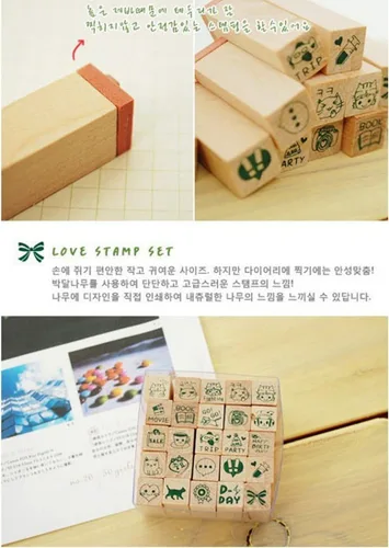 Vista 7 de Paquete de 25 sellos pequeños de goma de madera en forma de vida feliz verde con caja para tarjetas de manualidades y álbum de fotos (verde)
