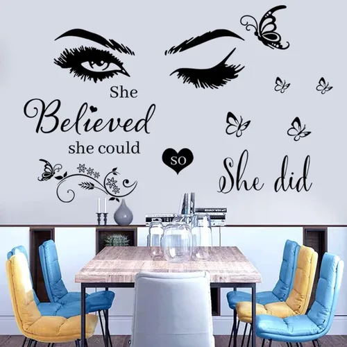 Vista 3 de Adhesivo de pared de vinilo con texto en inglés "She Believed She Could So She Did", calcomanías de pared de mariposa para dormitorio, sala