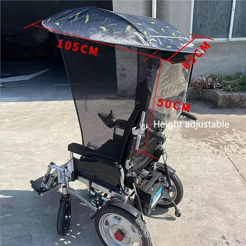 Vista 2 de Toldo para silla de ruedas eléctrica, toldo ajustable para silla de ruedas, cubierta de lluvia, gasa lateral, transpirable, resistente a los rayos