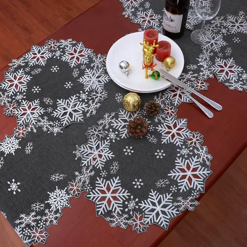 Vista 4 de Caminos de mesa bordados de copos de nieve grises para Navidad e invierno (gris, 14 x 69 pulgadas)