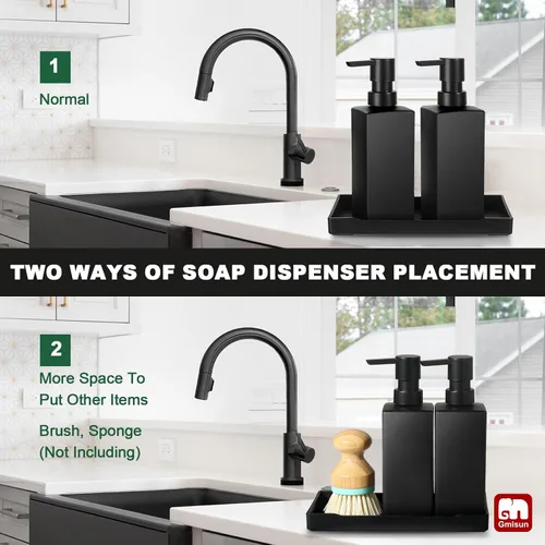 Vista 3 de GMISUN Juego de dispensador de jabón de cocina, dispensadores de jabón para manos y platos, dispensador de jabón negro de 12 fl oz/11.8 fl oz