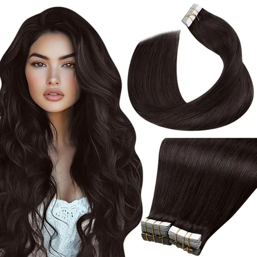 Vista 55 de LaaVoo Extensiones adhesivas de cabello humano real, color negro azabache, extensiones de cabello humano liso y sedoso, 10 pulgadas, 20