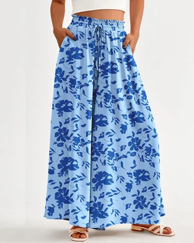 Vista 2 de BTFBM Pantalones casuales de cintura alta y pierna ancha para mujer, diseño floral, lisos, largos, palazzo, para descansar, playa, con bolsillo