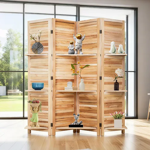 Vista 2 de [Usado] FDW Divisor de habitación de 4 paneles plegable de madera de privacidad con tres estantes inteligentes, divisor de madera portátil