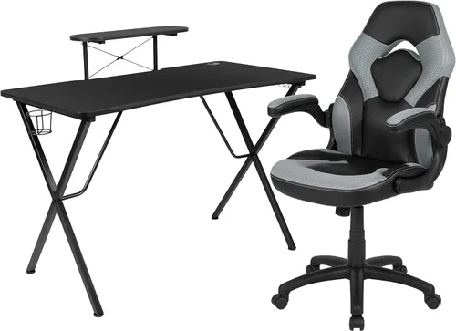 Vista 19 de Flash Furniture Juego de escritorio para juegos negro y silla de carreras blanco/negro con soporte para tazas, gancho para auriculares y soporte