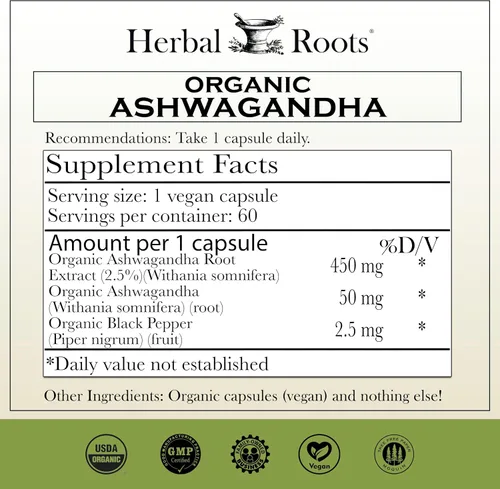 Vista 2 de Herbal Roots Cápsulas de Ashwagandha Extra Strength 1,000 mg por porción Ayurvédico para la salud general para hombres y mujeres 60 cápsulas