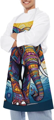 Vista 4 de Personalized Colorful Elephant Adult Apron, Kitchen Cooking Aprons for Woman Man, Adjustable Bib Apron with Pocket for Baking, BBQ Crafting