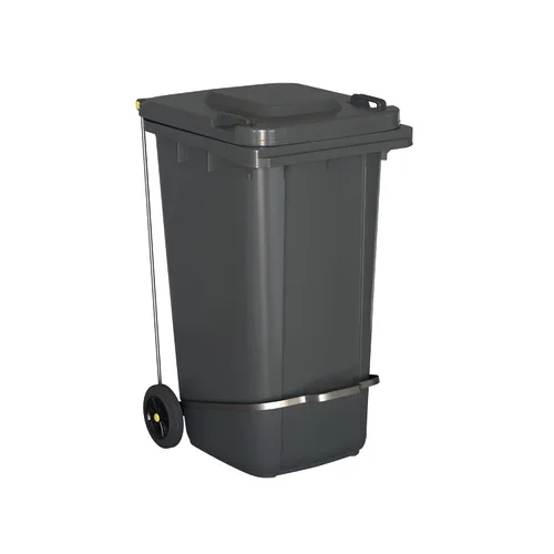 Vista 2 de Juego de 4 cubos de basura rectangulares con ruedas grises de 64 galones con tapa y accesorio para colocar