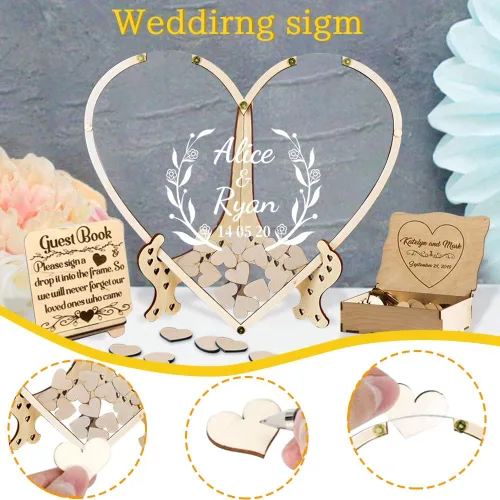 Vista 5 de Attention Libro de invitados de boda, libro de invitados con forma de corazón, con caja y 100 corazones, libro de invitados de boda alternativo