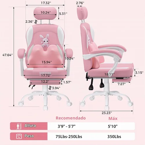 Vista 2 de Silla de juegos rosa para niñas y niños, sillas de computadora de masaje con lindo conejito Cute Silla Gamer 135° Reclining Game Cahir with