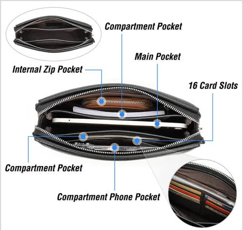 Vista 58 de Funda de piel de grano superior para hombre y mujer, múltiples bolsillos/ranuras, RFID de gran capacidad para tarjetas, cheques, dinero, pasaporte