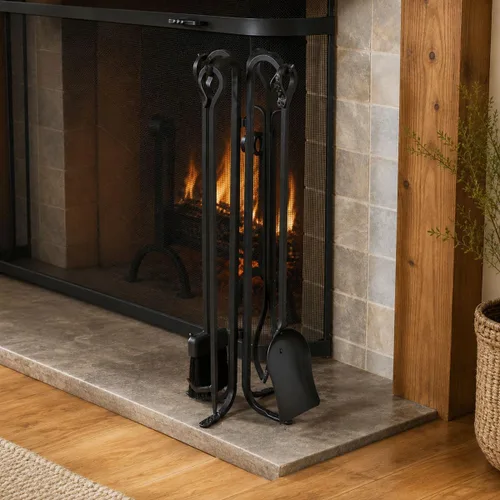 Vista 2 de Pilgrim Home and Hearth 18003 - Juego de herramientas para chimenea forjada, 28 pulgadas de alto, negro mate