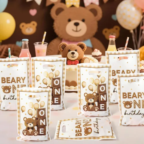 Vista 6 de Bolsa de Regalo para Primera Fiesta de Cumpleaños Oso 50Pcs Bolsas de Dulces y Regalos con Oso Marrón Dulces y Golosinas para Fiesta Temática Oso