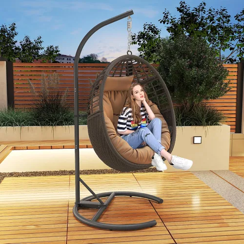 Vista 8 de Silla columpio colgante con soporte, hamaca de mimbre de polietileno, cojín desmontable suave, resistente 350 libras, interior y exterior